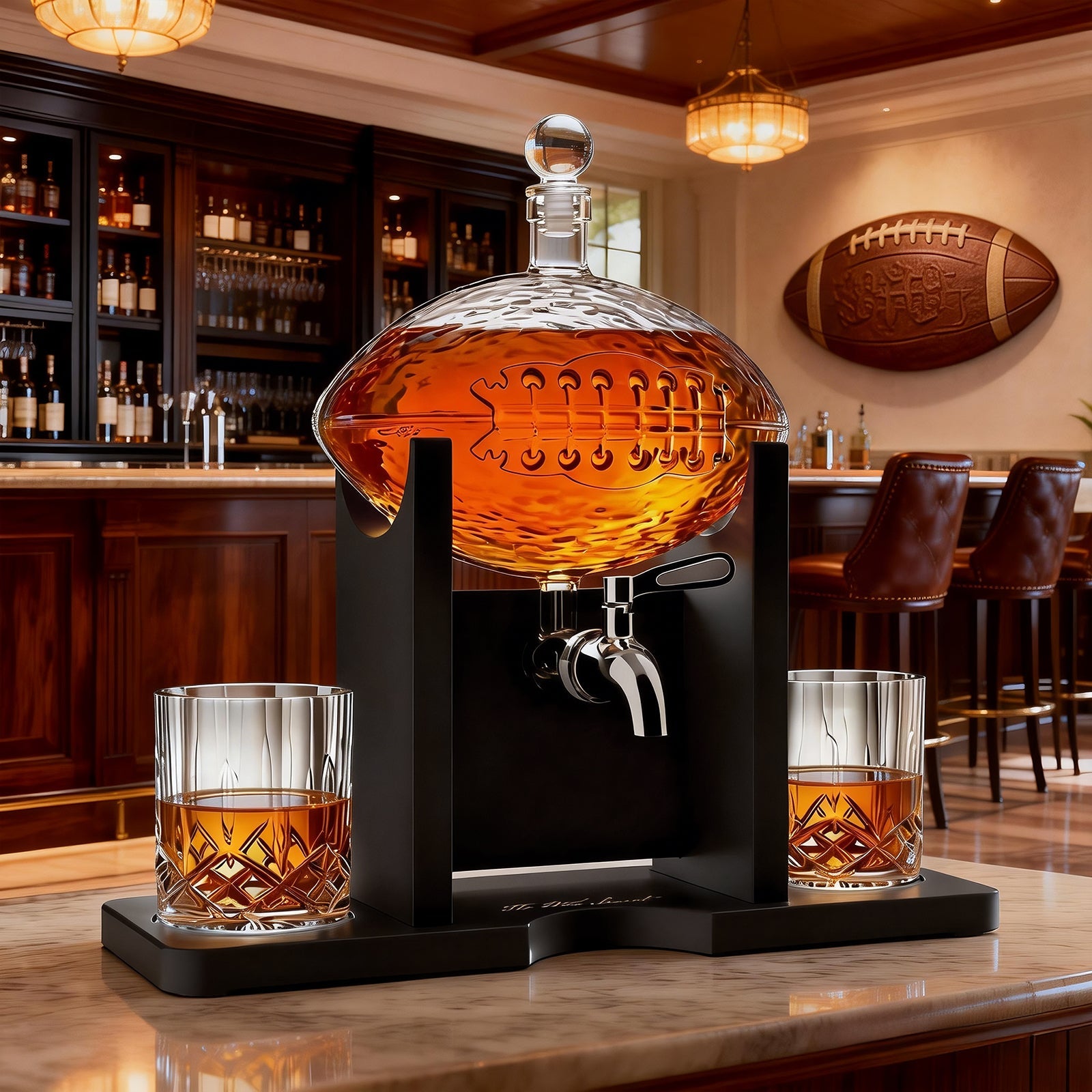 The Wine Savant Football Gifts for Men Dad - Decanter with Mahogany Holder Field Goal Holder + 4 Glasses & Footballs Chillers - Birthday Bar from Daughter Son, Retirement, Father, Him Brother-3