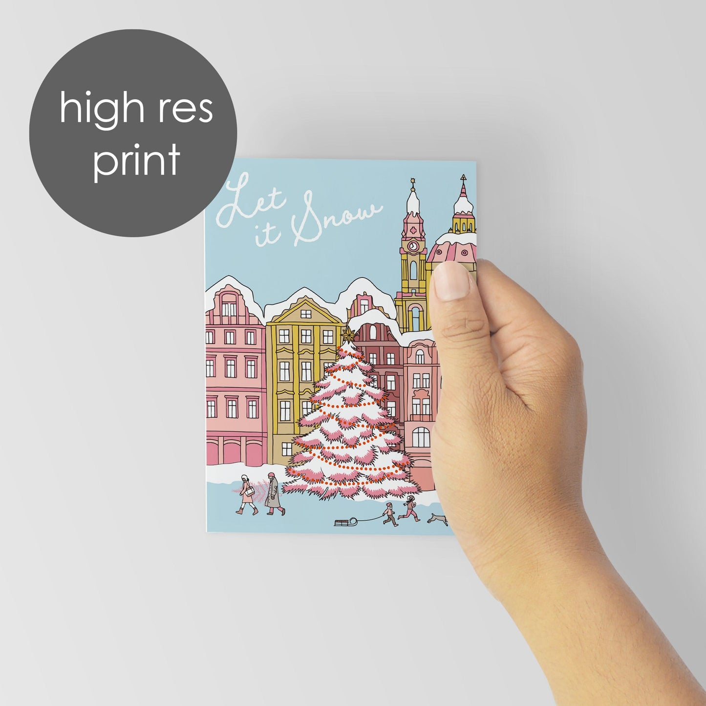 Snowy Pink Town Holiday Greeting Cards, Set of 24