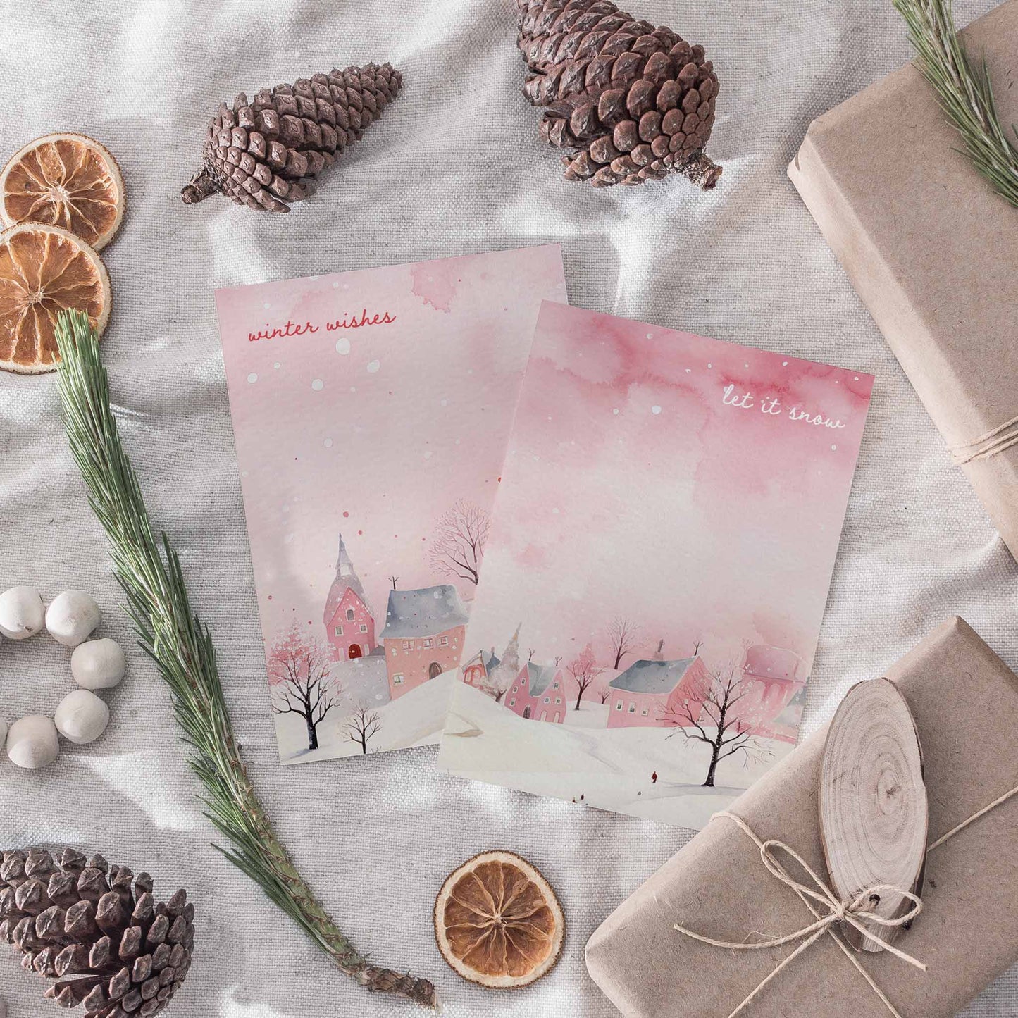 Pink Village Holiday Cards, Set of 24