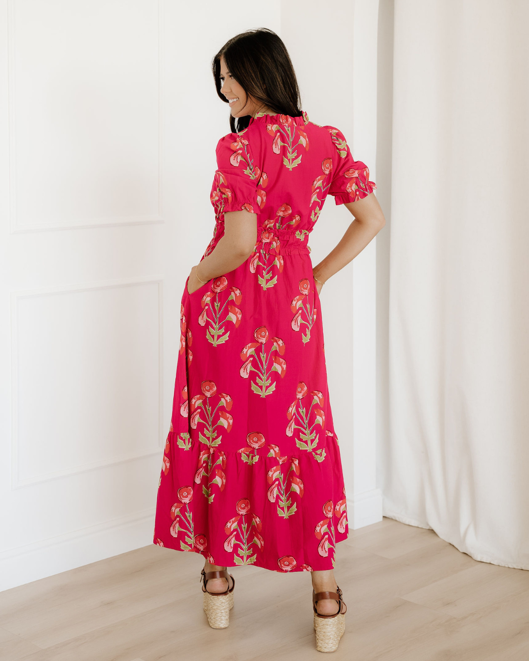Neve Floral Print Frilled V Neck Short Sleeve Ruffle Maxi Dress