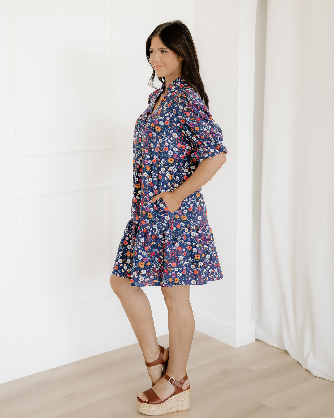 Serena Wild Daisy Floral Split Neck Short Puff Sleeve Mini Dress