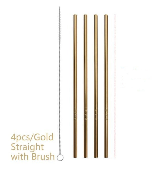 Set of gold straight brushes with a brush on a white background
