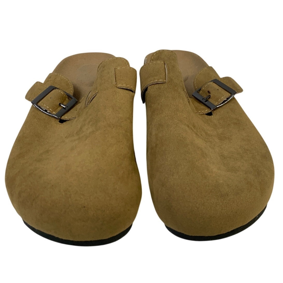 Womens Size 8 Brown Suede Clogs Closed Round Toe Buckle Strap Slip On Shoes