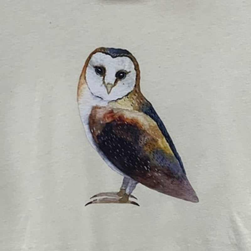 New Hand Printed Womens Small Ivory Woodland Owl Bird Short Sleeve Tee Shirt