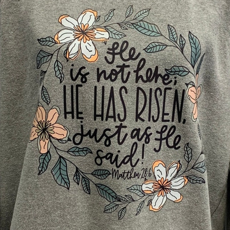 Hand Printed Upcycled Womens Large He Is Not Here Jesus Has Risen Sweatshirt
