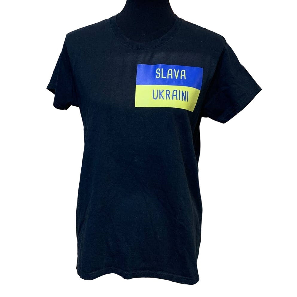 Upcycled Hand Printed Womens Medium Ukraine Flag Slava Ukraini Fundraiser Tee
