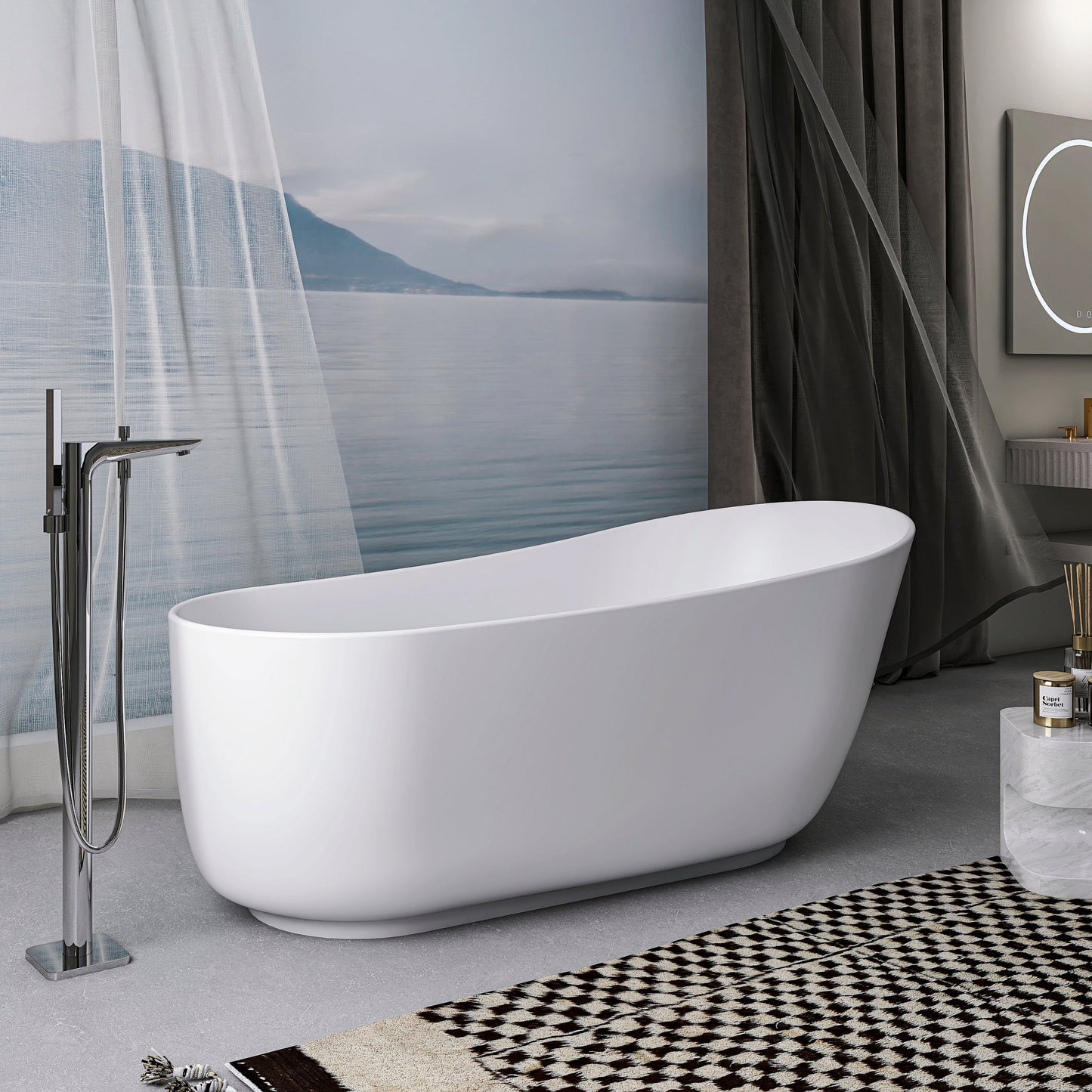 67 Inch Solid Surface Oval Shape Soaking Bathtub