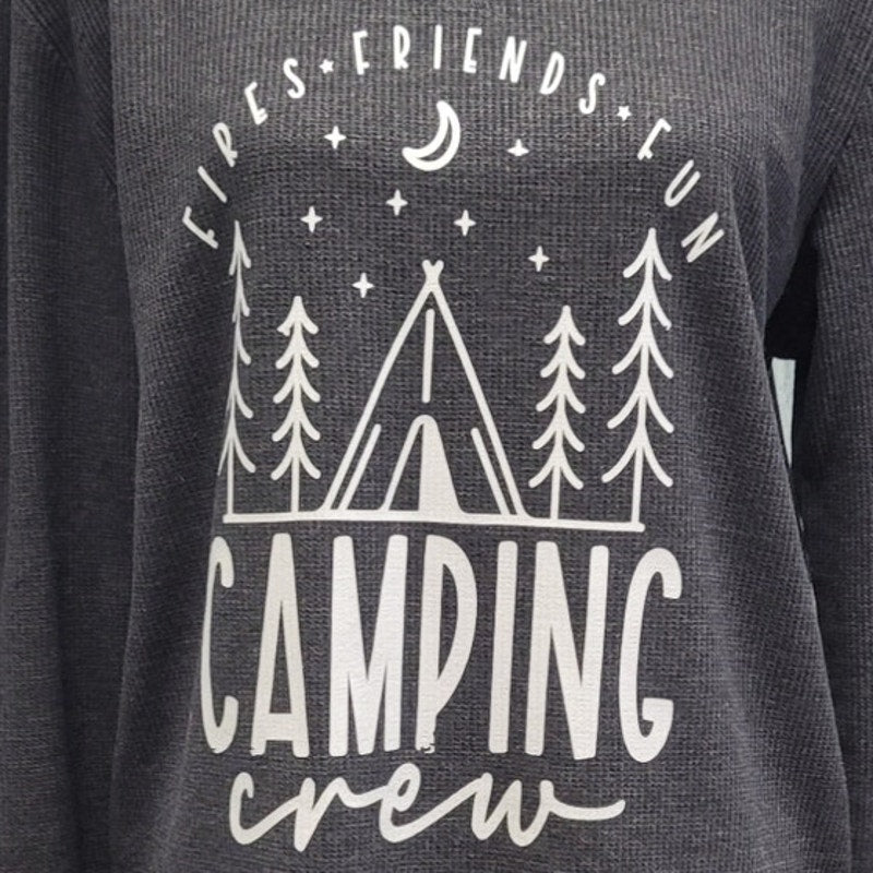 Hand Printed Upcycled Womens XL Fires Friends Camping Crew Long Sleeve Tee Shirt