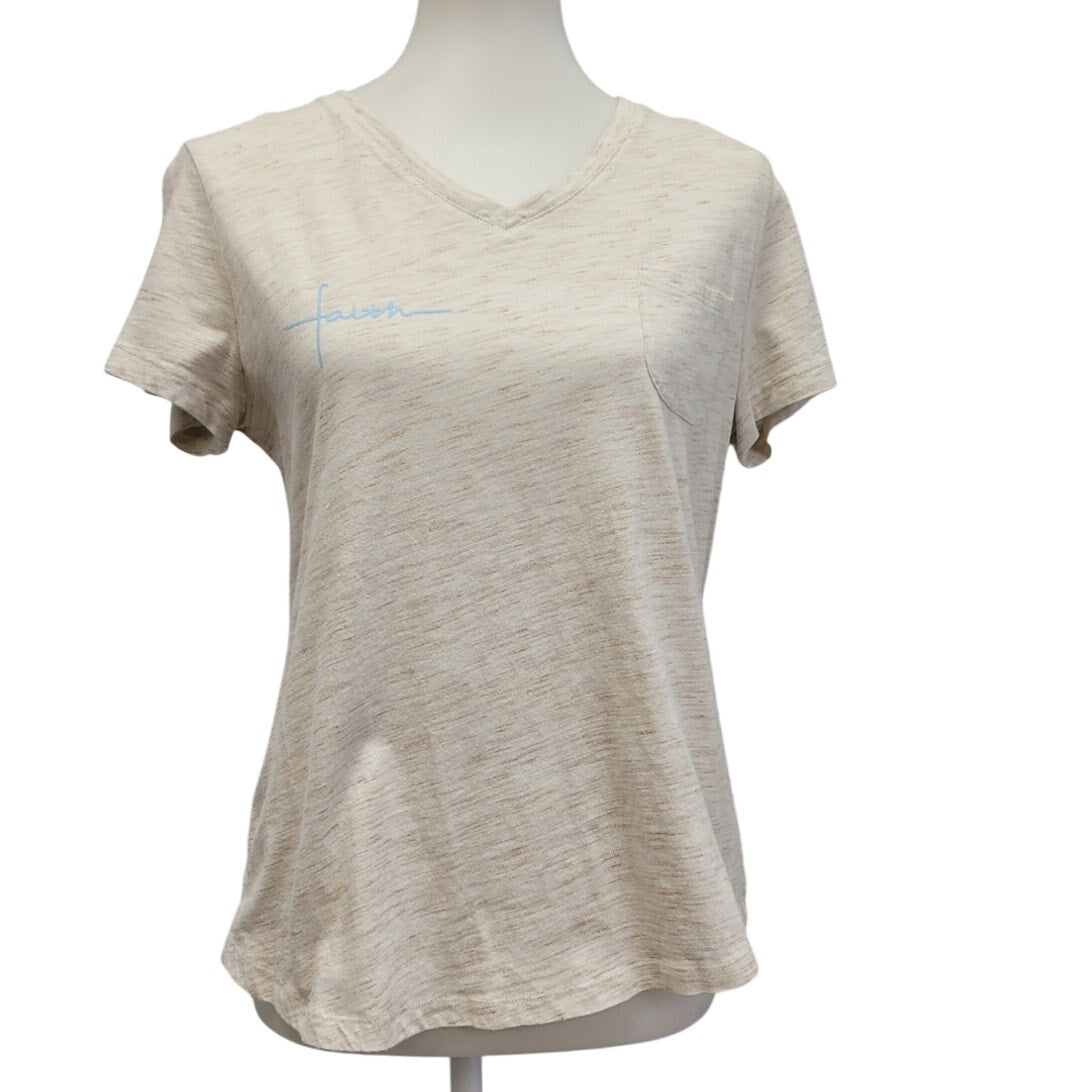 Hand Printed Upcycled Womens Large Light Blue FAITH Short Sleeve Tee Shirt