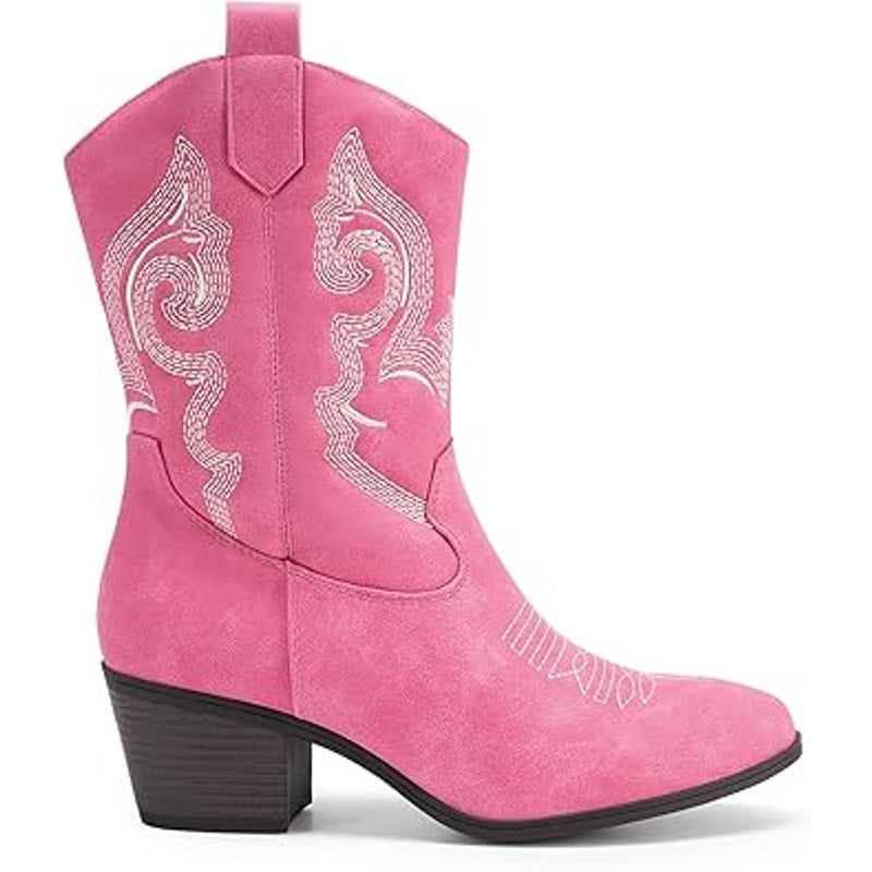 Dream Pairs Womens 8.5 Faux Pink Leather 2.25" Block Heel Mid Calf Cowboy Boots