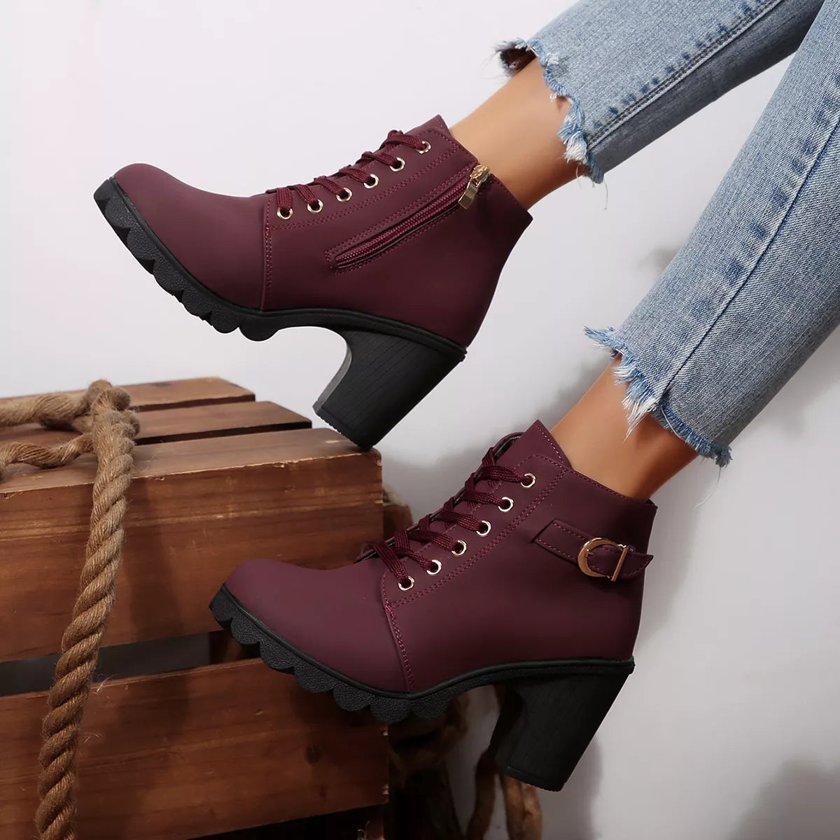 Lace Up Block Heels Boots
