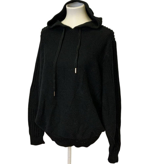 INC Mens Large 100% Cotton Long Sleeve Black Hooded Ribbed Sweater Hoodie