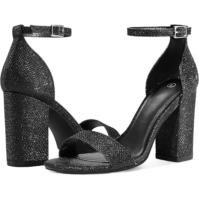 Coasis Womens Size 9.5 Black Glitter Open Toe Ankle Strap 3.5" Block Heel Shoes