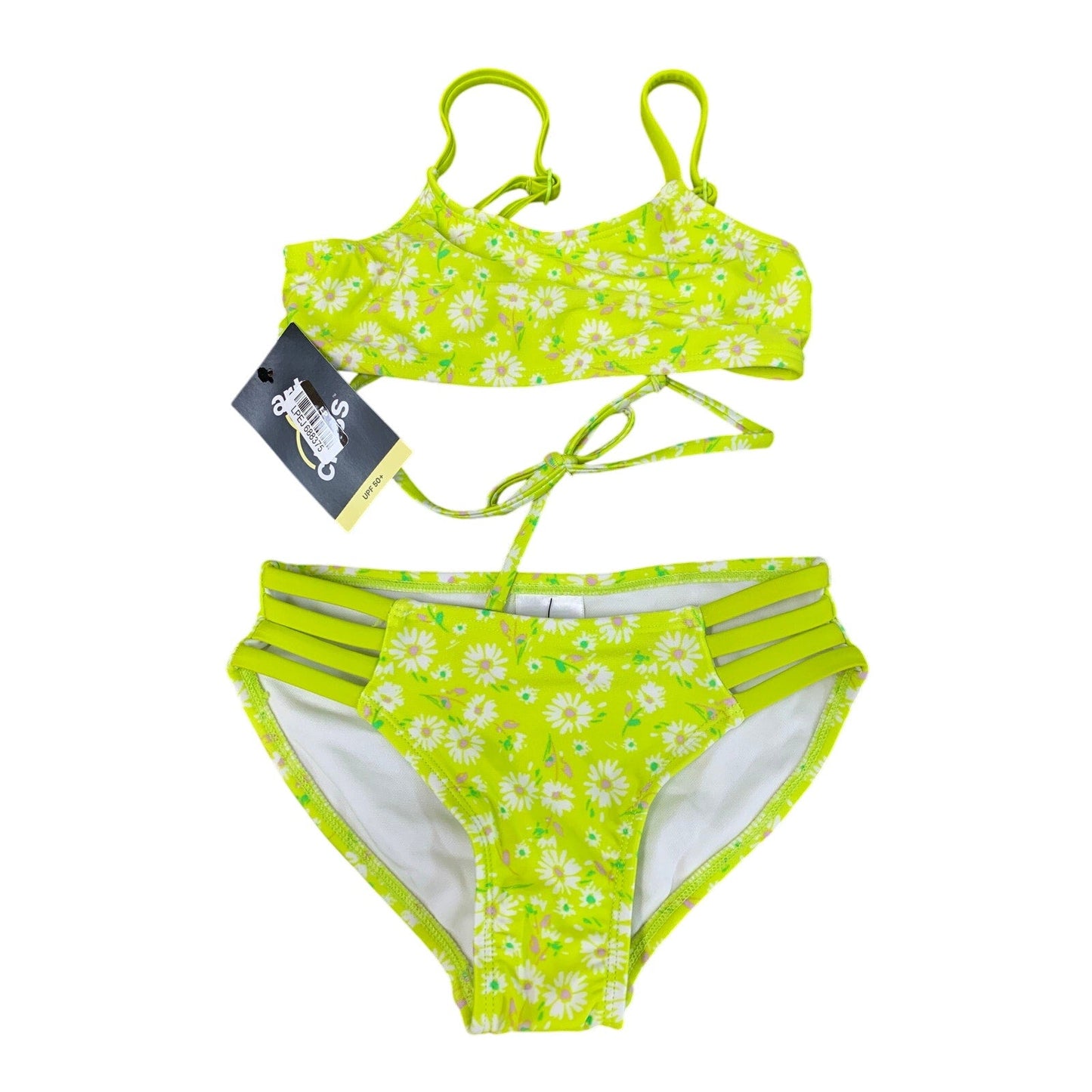 New Art Class Girls XS (4/5) UPF 50+ Neon Yellow Floral Bikini 2PC Swimsuit