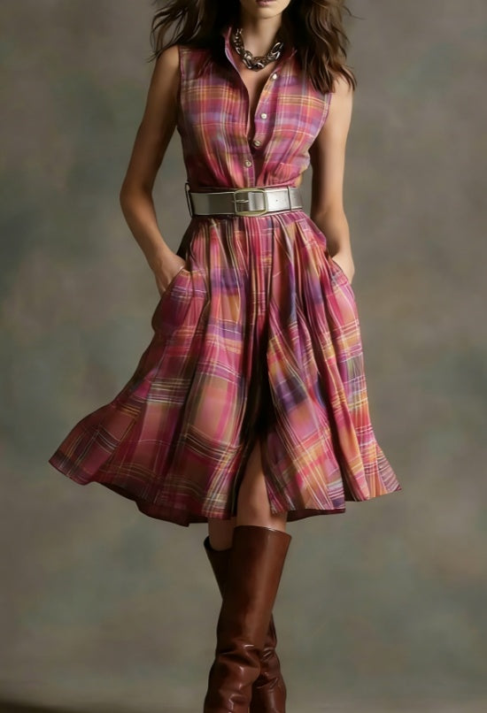 Plaid Collared Sleeveless Fitted Waist Dress