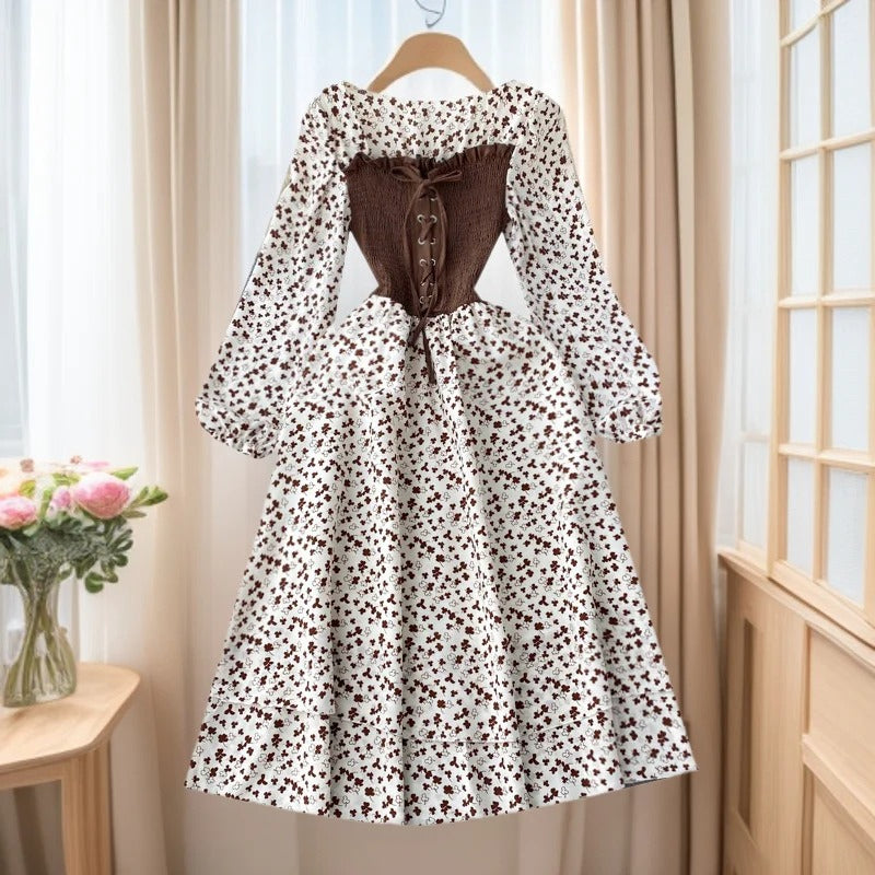 Trendy Dress with Tie Belt – French Contrast Floral Print, Two-Piece Illusion Design, Sweet Long Sleeve Frock