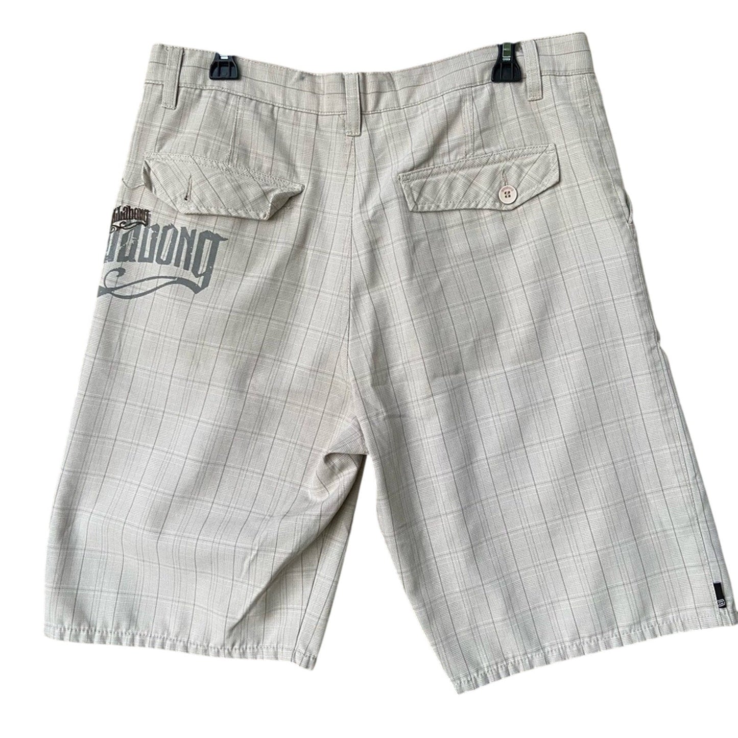 Men's Billabong Mens Size 34 PolyCotton Beige Plaid Print Shorts w Pockets