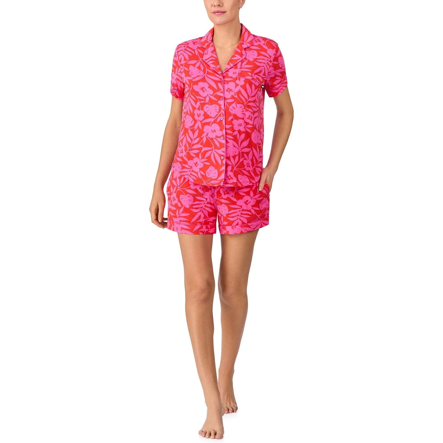 Kate Spade New York Womens Medium Floral Short Sleeve Button Up Top Short Pj Set