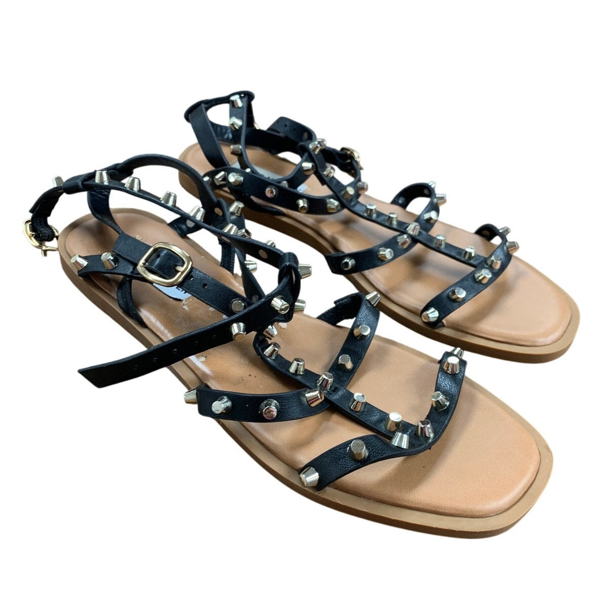 Steve Madden Womens Size 7.5 Black Studded Sandal Open Square Ankle Strap Shoes