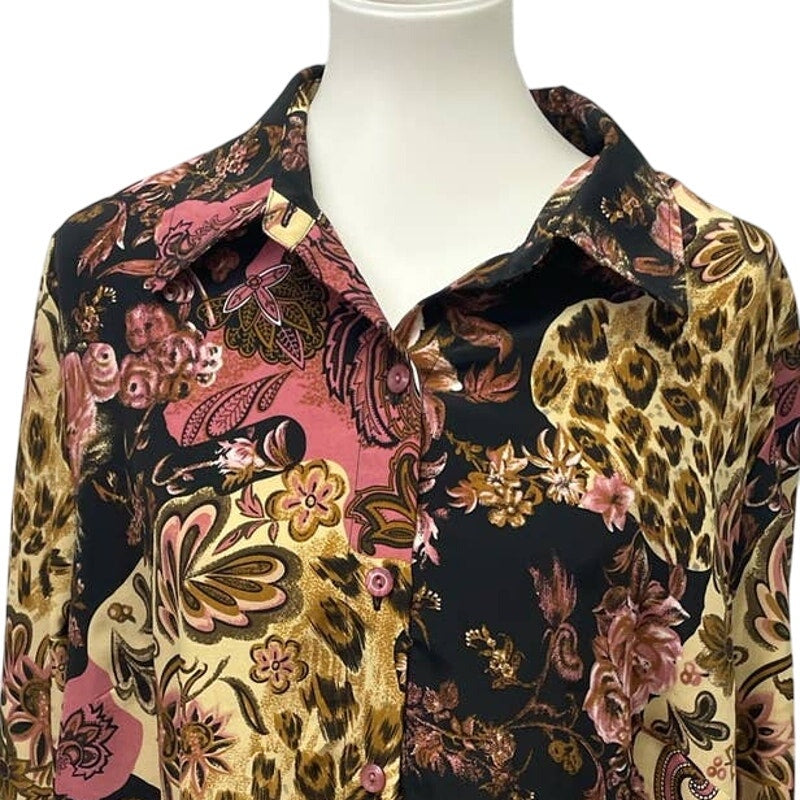 Brylane Woman 20W Floral Paisley Long Sleeve Flowy Polyester Button Up Blouse