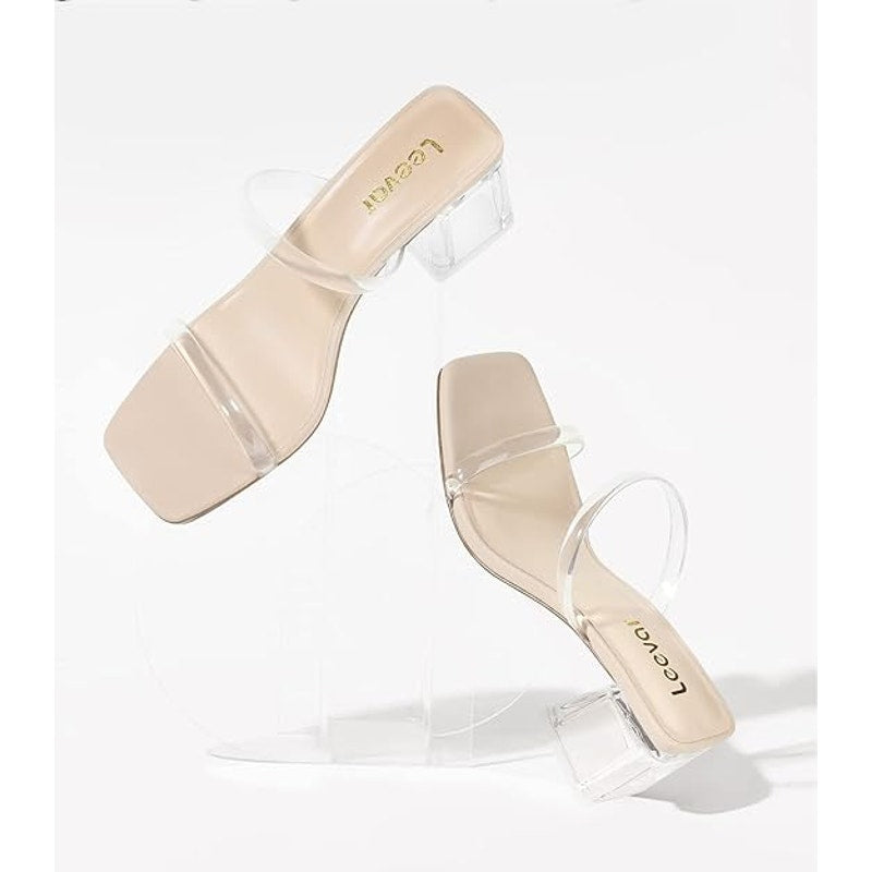 Leevar Womens Size 8 Clear Nude 2.25" Chunky Heel Open Square Toe Slip On Shoes