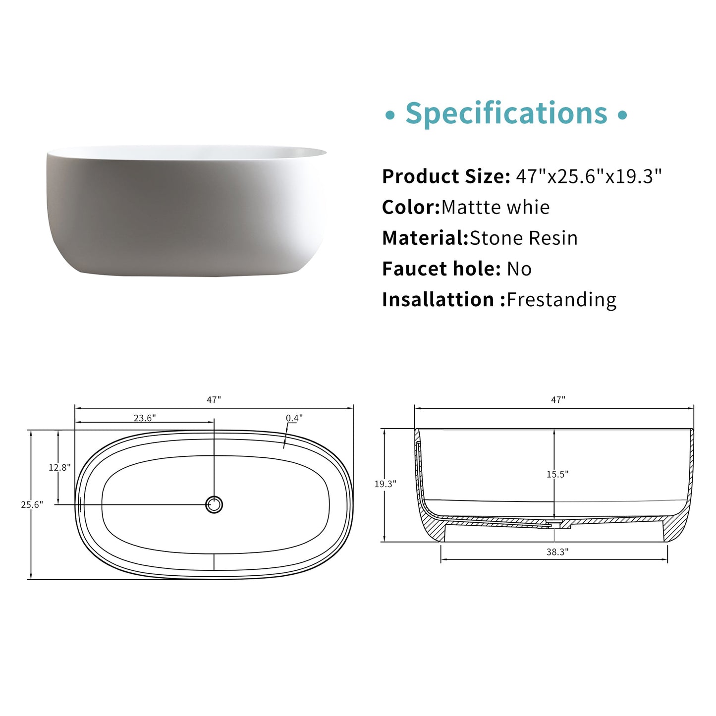 LILYA 47'' Independent Solid Surface Resin Stone Bathtub