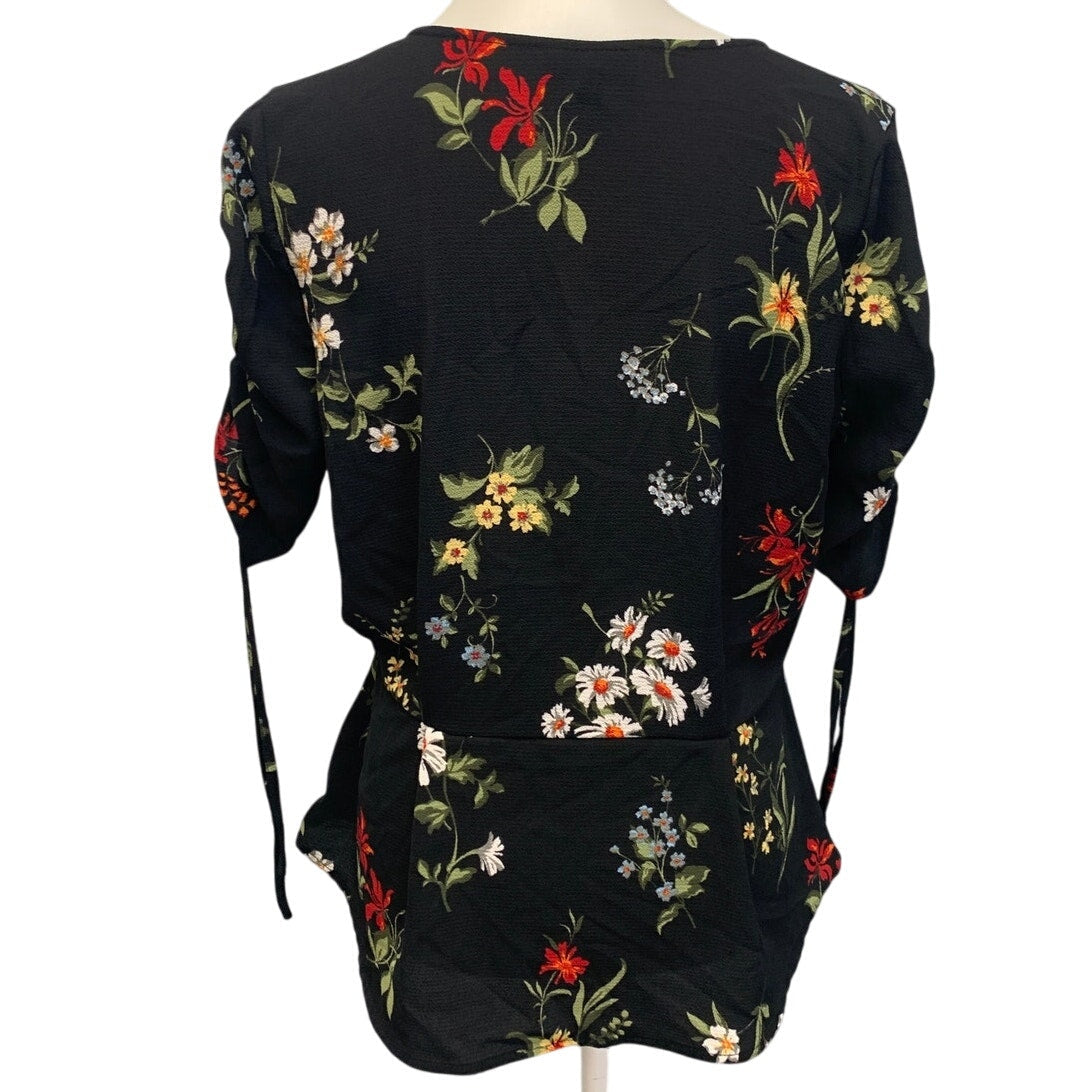 Alison Andrews Womens Medium Adjustable Ruched Sleeve Floral Daisy Blouse Shirt