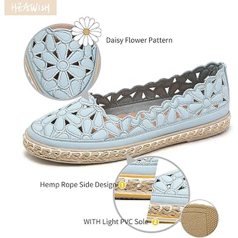 Heawish Womens Size 7 Blue Floral Closed Toe Slide On Espadrille Flats Shoes