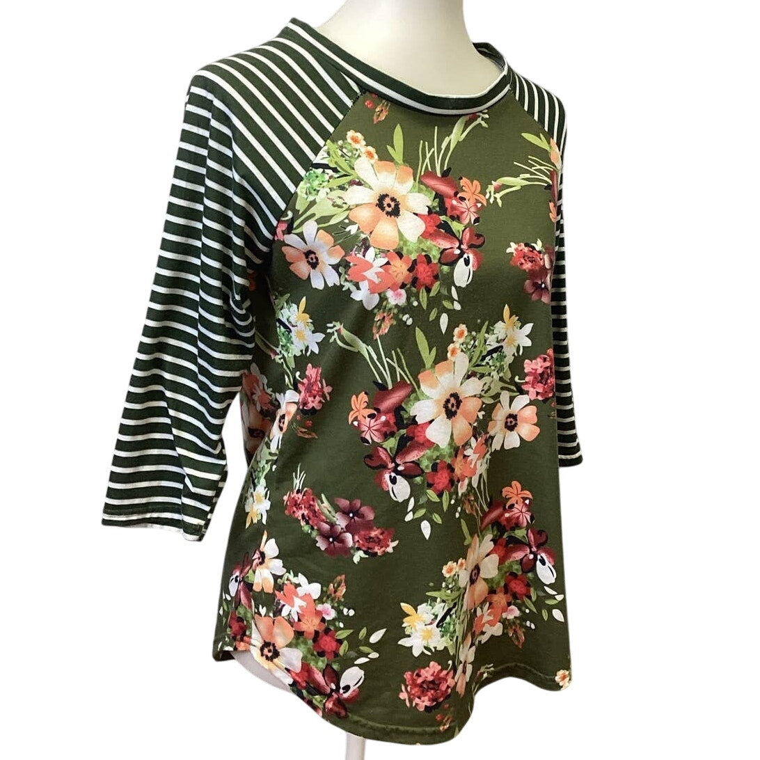 Ladies Medium Long Striped Sleeve Floral Crew Neck Polyester Blend Tee Shirt Top