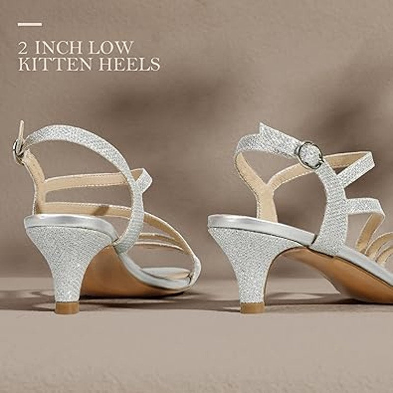 Idifu Womens Size 9 Silver Glitter Open Toe Buckle Strap 2.5" Heel Sandal Shoes