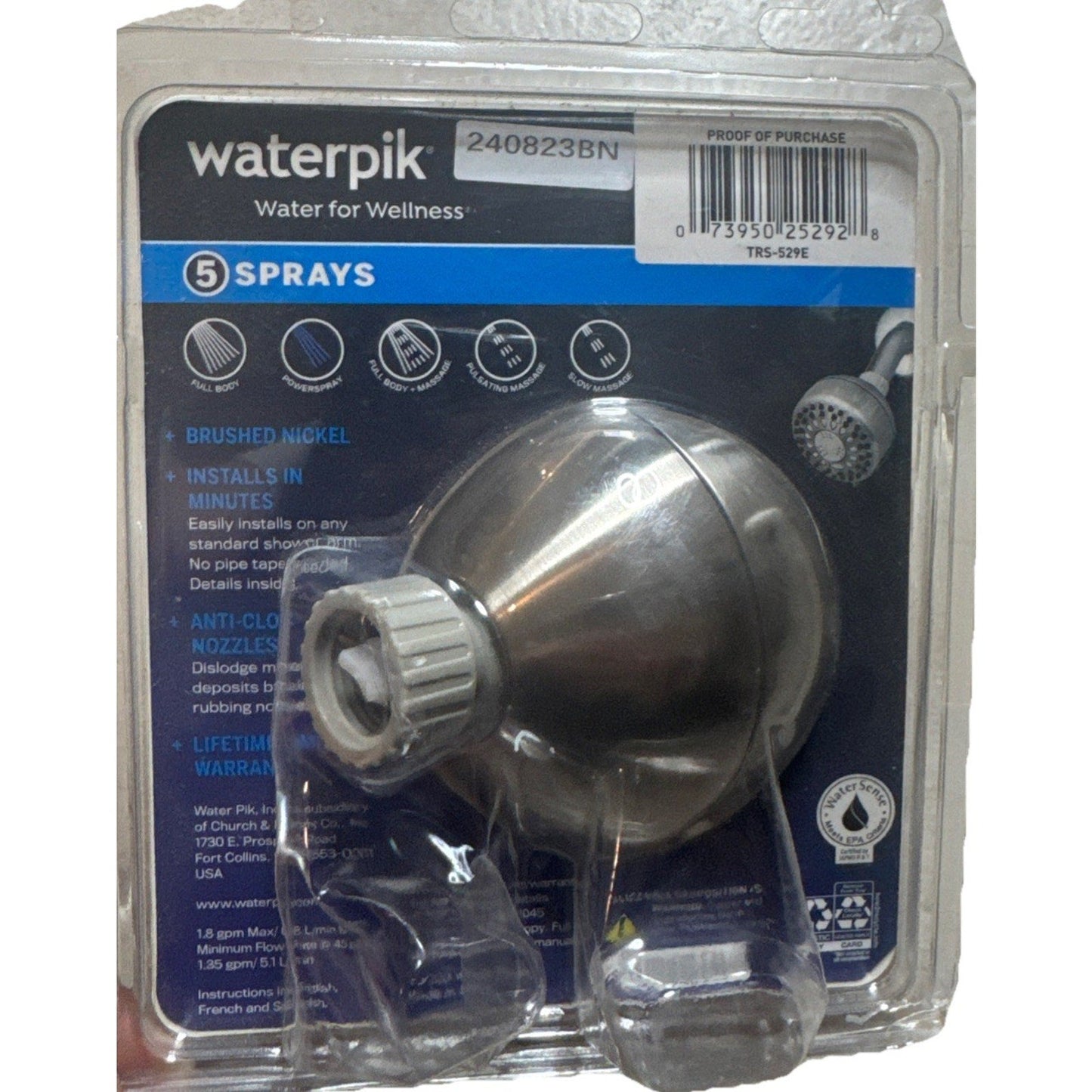 New! Waterpik Elements Shower Head, Fixed Mount, 5 Sprays No Clog. Free Shipping