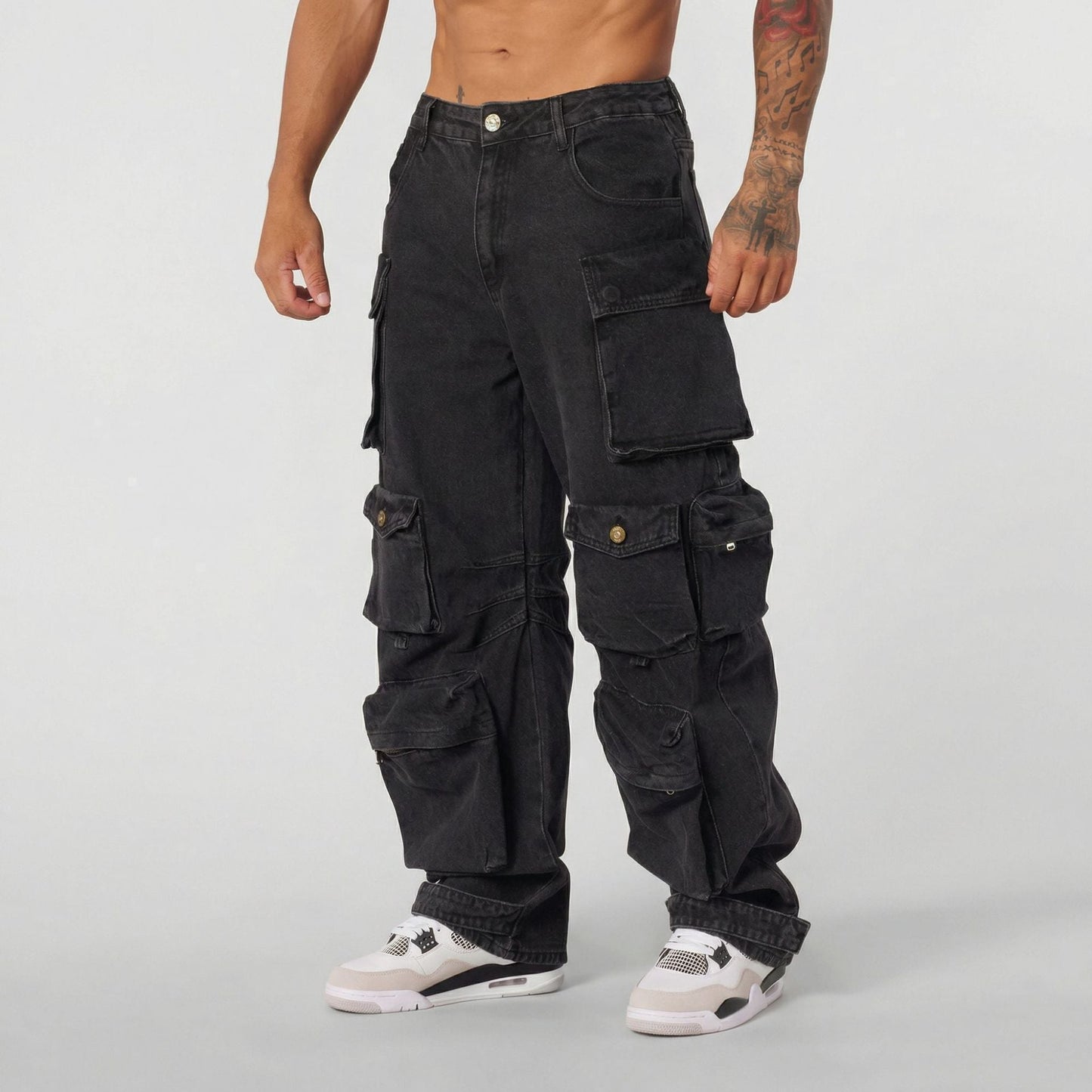 Mens Retro-style Loose-fit Washed Straight-leg Denim Jeans With Multiple Pockets