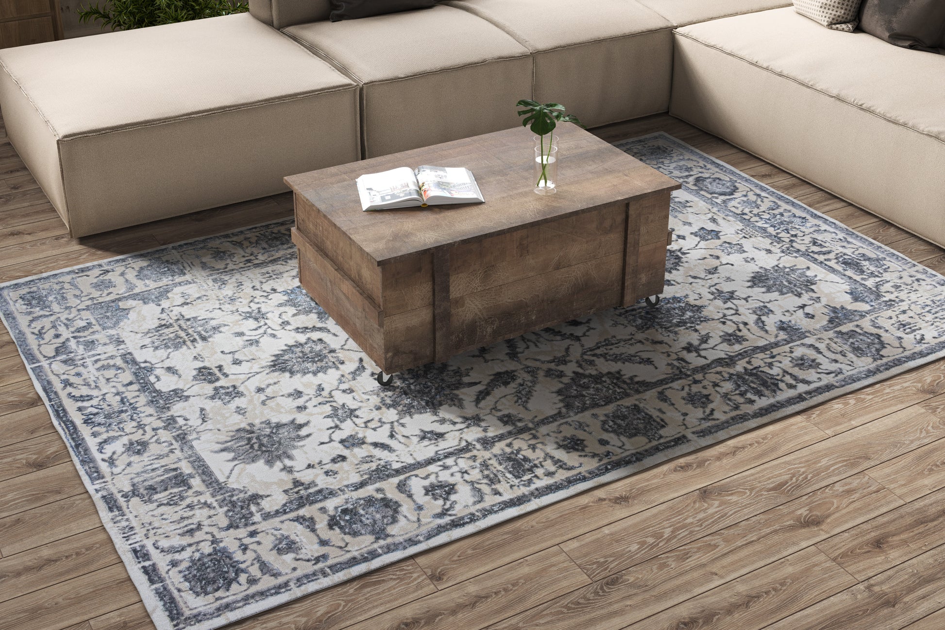 ROY's Home High&Low Area Rugs, Big Flower Vintage Lines Effect, Shiny Dark and Silver Effect-2