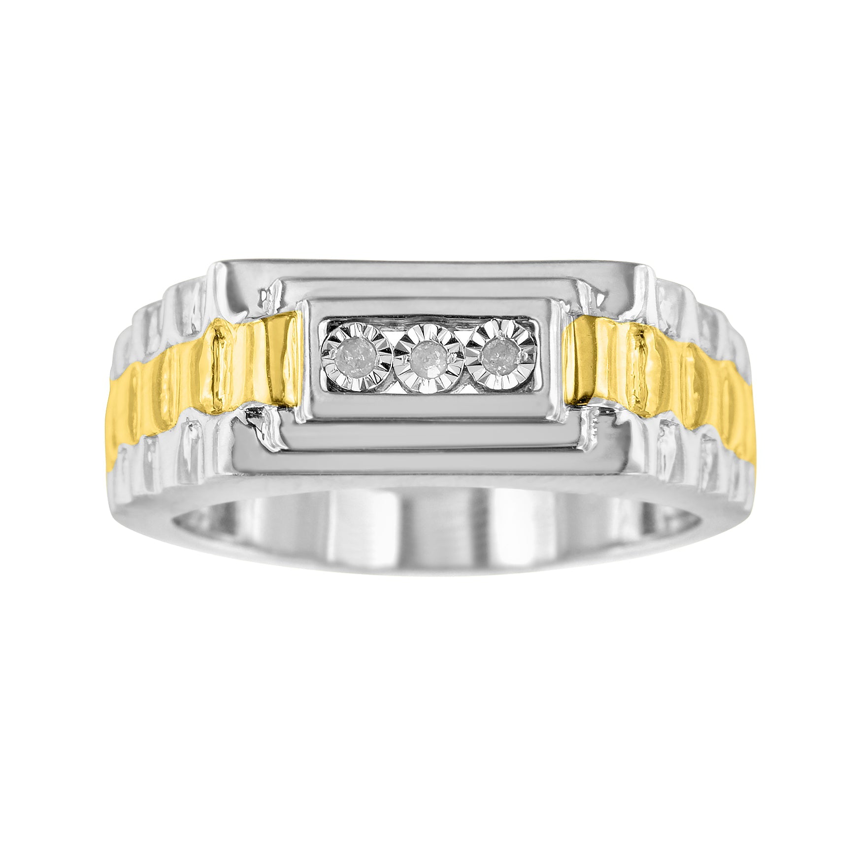 10K Yellow Gold Plated .925 Sterling Silver Diamond Accent Miracle-Set 3 Stone Ridged Band Gentlemen's Fashion Ring (I-J Color, I2-I3 Clarity)-3