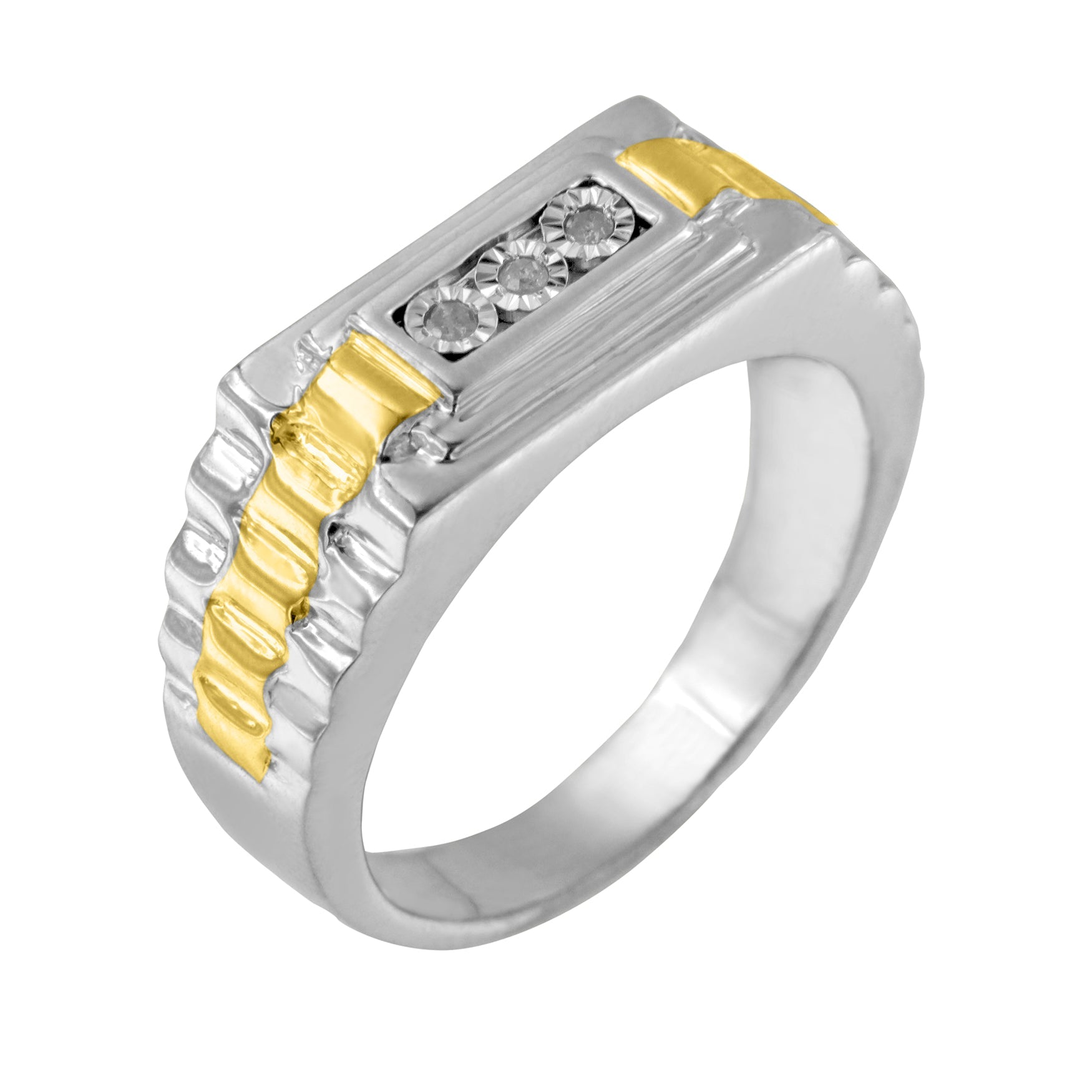 10K Yellow Gold Plated .925 Sterling Silver Diamond Accent Miracle-Set 3 Stone Ridged Band Gentlemen's Fashion Ring (I-J Color, I2-I3 Clarity)-4