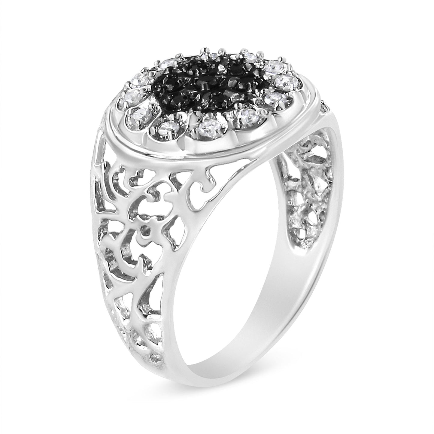 .925 Sterling Silver 1/4 Cttw White and Black Treated Diamond Halo Cluster Ring for Men (I-J Color, I3 Clarity)-3