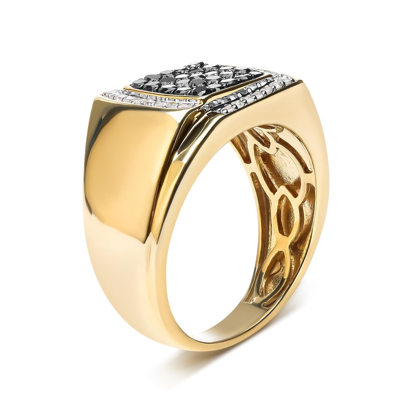 Men's 10K Yellow Gold 1.00 Cttw Cushion Cluster Black and White Diamond Statement Ring (I-J Color, I2-I3 Clarity)-3