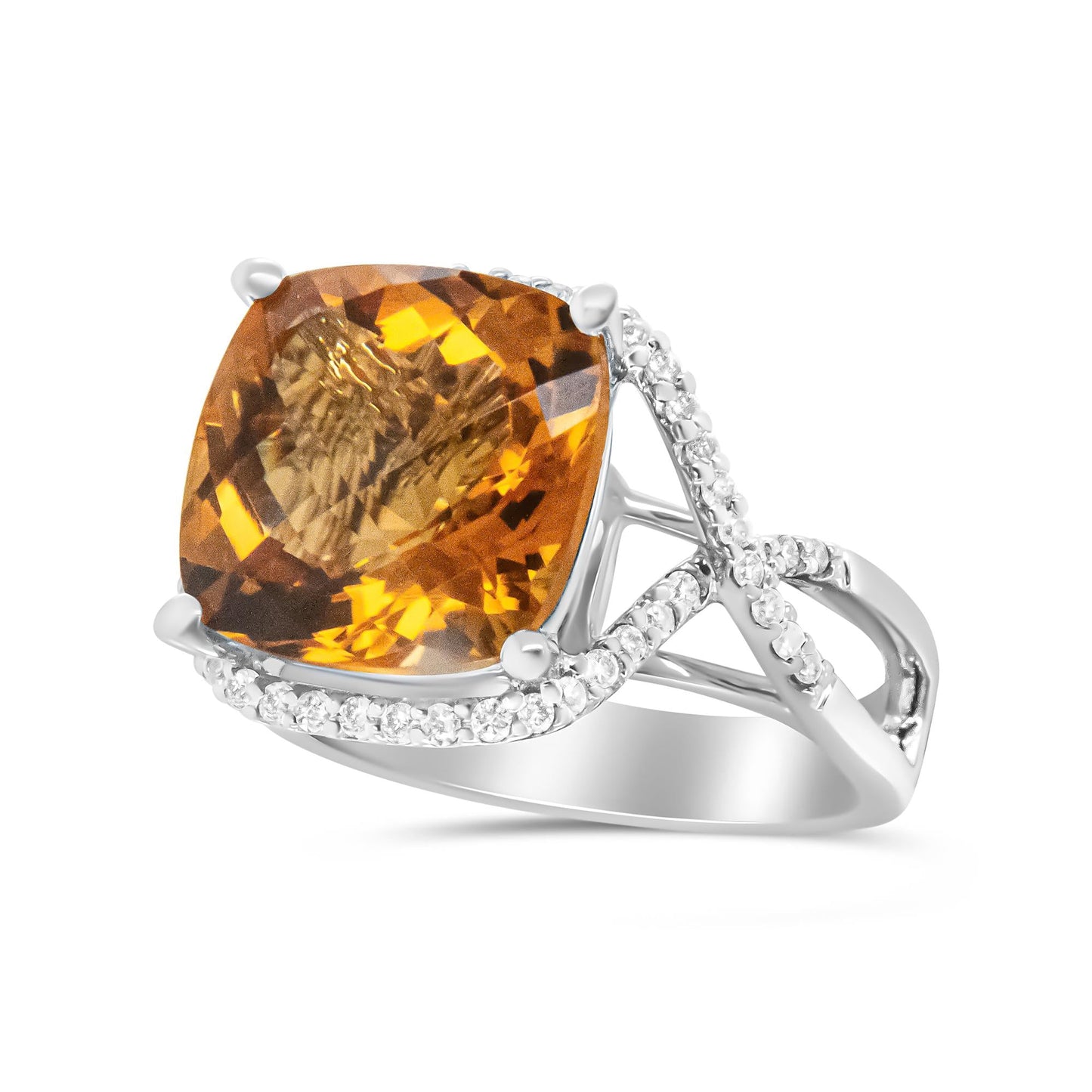 14K White Gold 12mm Cushion Cut Yellow Citrine Gemstone and 1/3 Cttw Round Pave-Set Diamond Ring - (H-I Color, VS1-VS2 Clarity)-3
