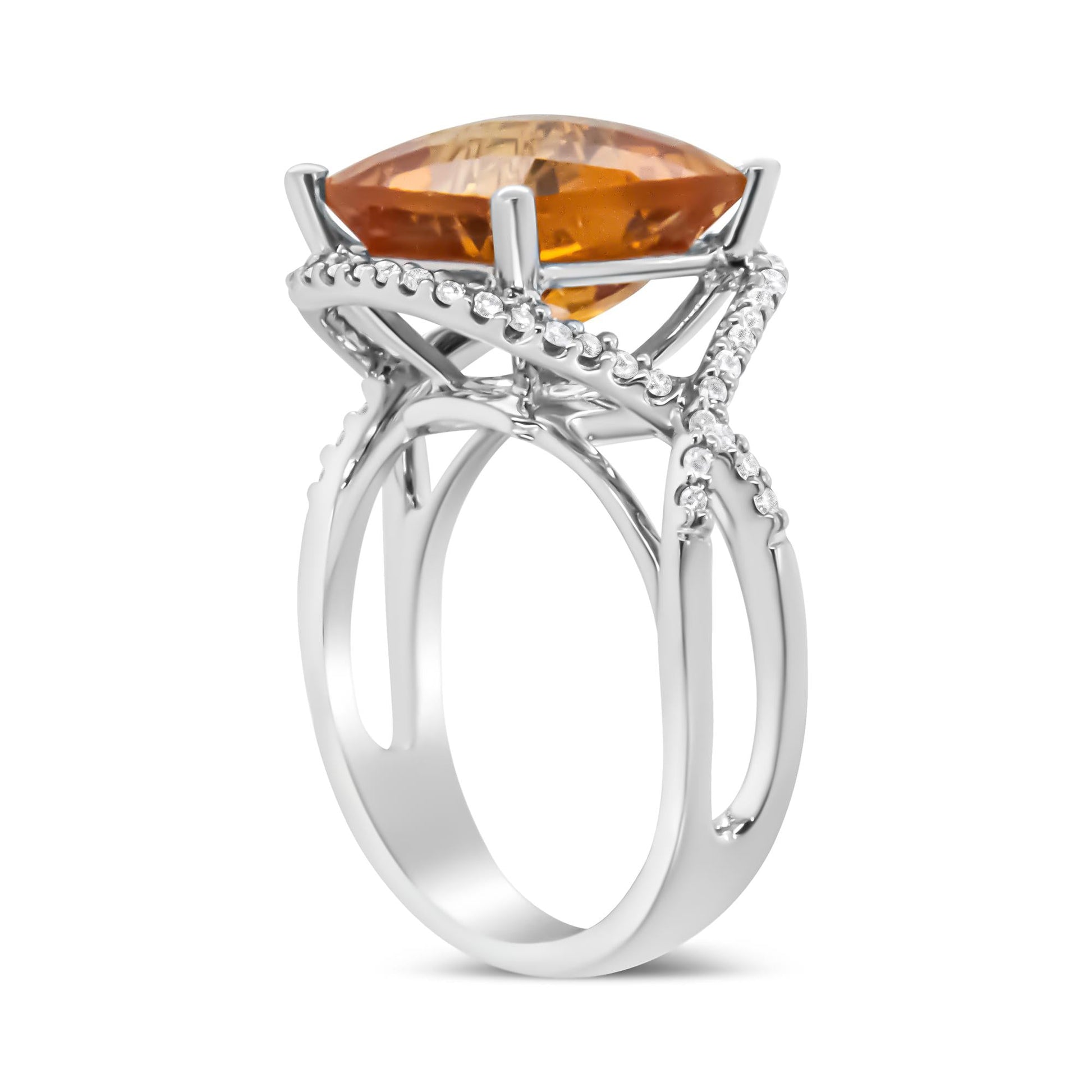 14K White Gold 12mm Cushion Cut Yellow Citrine Gemstone and 1/3 Cttw Round Pave-Set Diamond Ring - (H-I Color, VS1-VS2 Clarity)-4