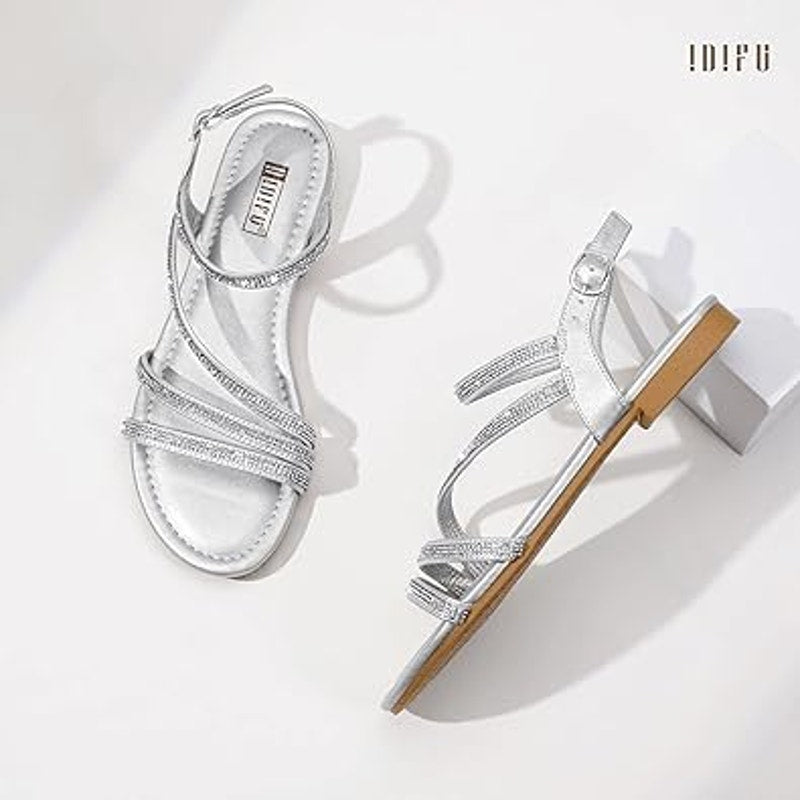 New Idifu Womens Size 10 Silver Rhinestone Sparkle Open Toe Buckle Strap Sandals