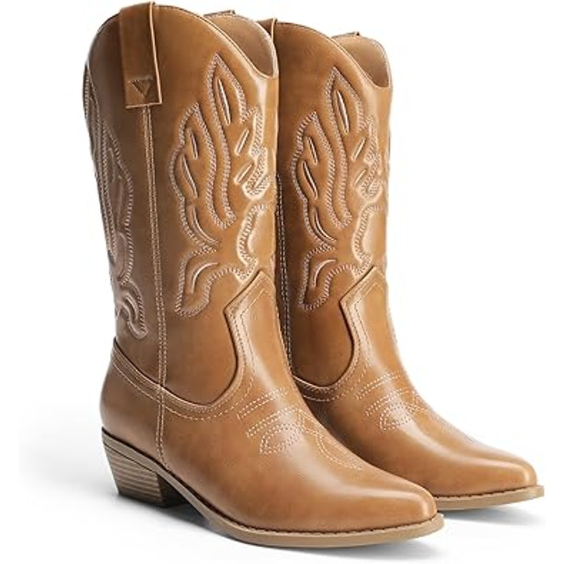 Dream Pairs Womens 10 Brown Faux Leather 2" Heel Western Pull On Cowboy Boots