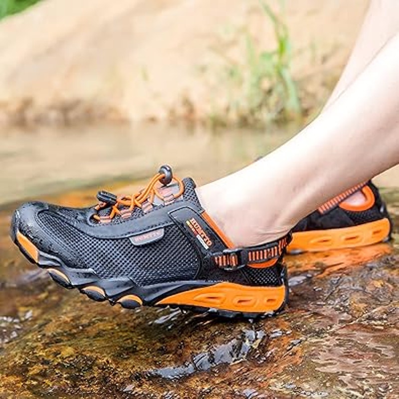 New Humtto Mens Size 9-9.5 Black Orange Amphibious Hiking Water Sandlas Shoes