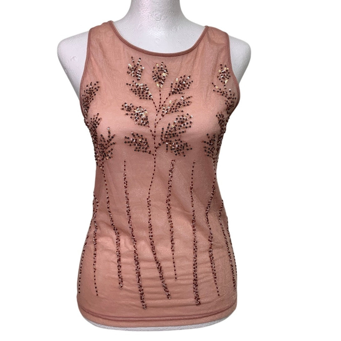 Krizia Womens Size 10 Sleeveless Pink Crew Neck Sheer Sequin Beaded Tank Top