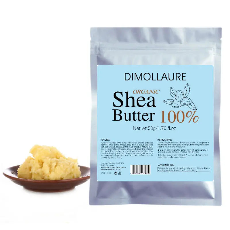 Shea butter packaging with a small bowl of butter on a white background