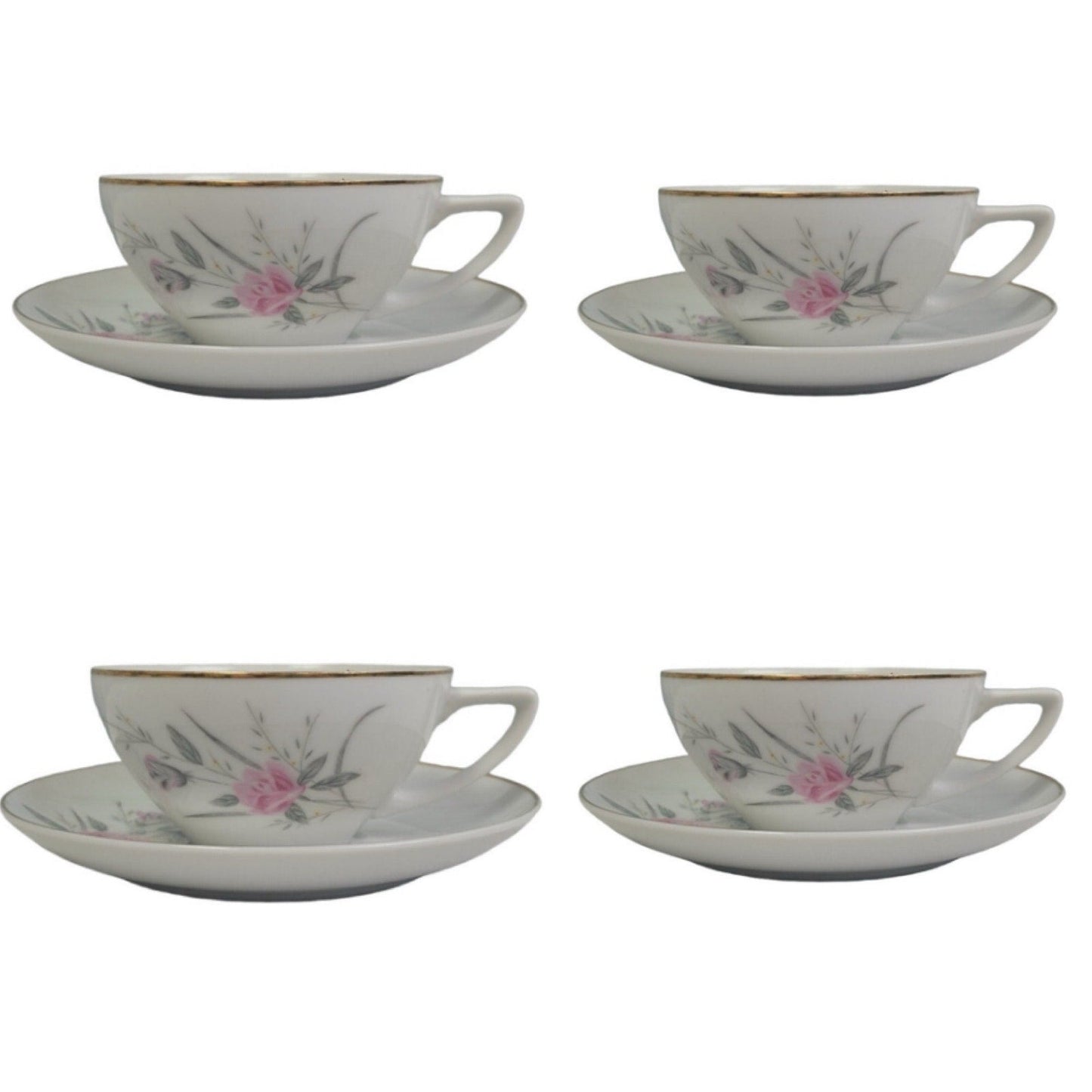 Set of 4 Vintage Golden Rose Flower Gold Rim Fine China Japan Teacups Saucers