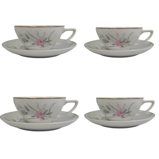 Set of 4 Vintage Golden Rose Flower Gold Rim Fine China Japan Teacups Saucers