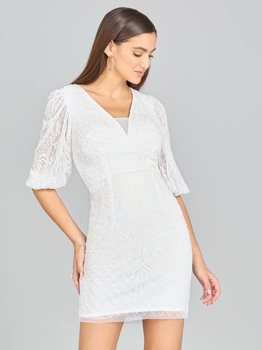 V-Neck Beaded Bridal Short with Sleeves