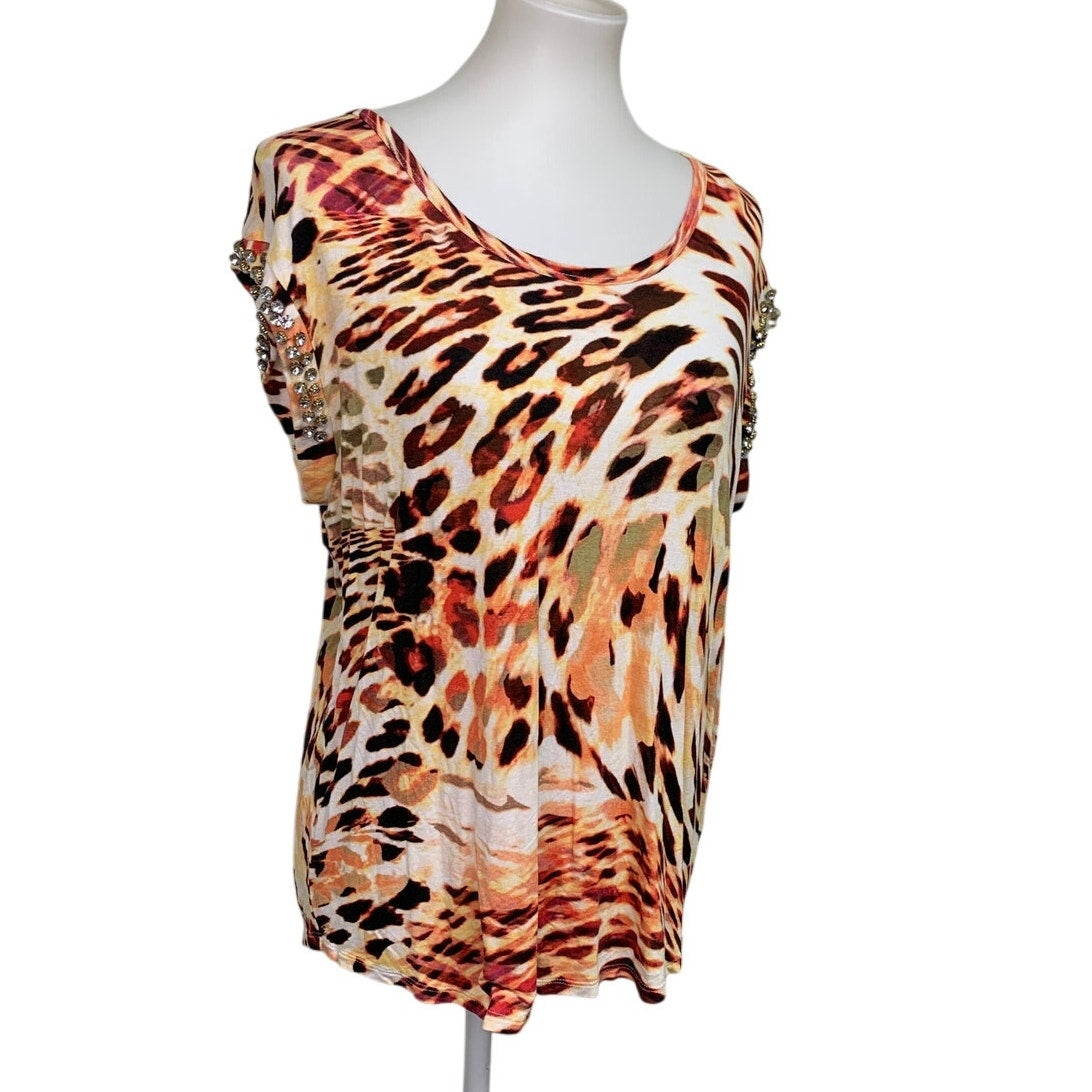Jennifer Lopez Womens Large 100% Rayon Sleeveless Leopard Print Bejeweled Top