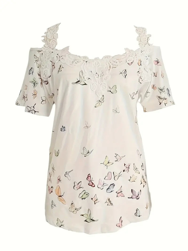 🦋 Vibrant Butterfly Lace Off-Shoulder V-Neck Tee