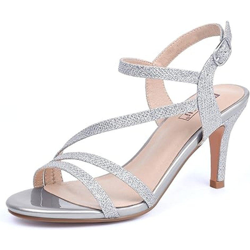 New Idifu Womens 7.5 Silver Glitter Open Toe 3.5" Heel Ankle Strap Sandal Shoes